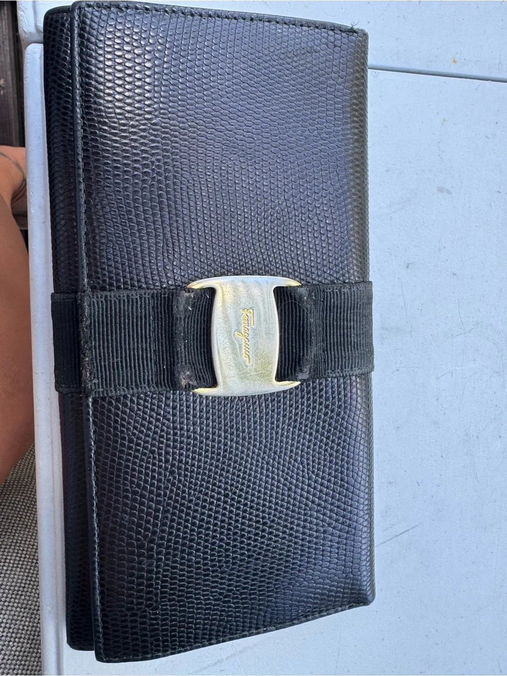 Salvatore Ferragamo Black Leather Clutch with Gold Vara Buckle
